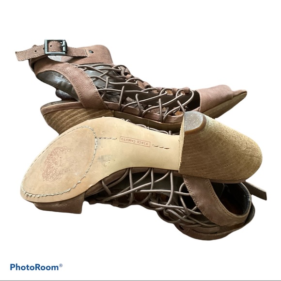 VINCE CAMUTO Sandals 8.5 Tan Leather Strappy Cage Ankle Buckle Stacked Cone Heel - Picture 9 of 12